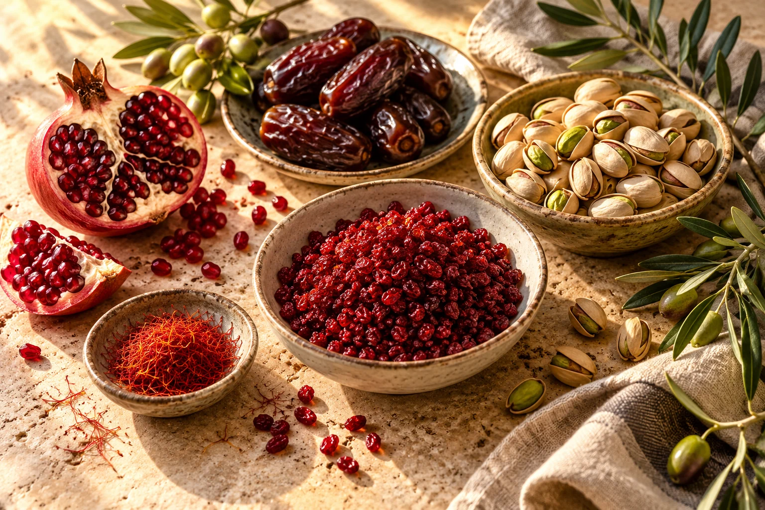 Dates, pistachios, saffron and pomegranate gathered on a sunlit table